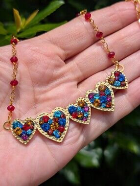 Michael Golan Multi Color Rhinestone Heart Pendant Necklace Adjustable Length